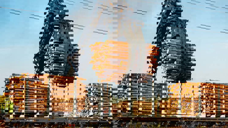 Avlastning av timmer från järnvägsvagnar i finska Kouvola.